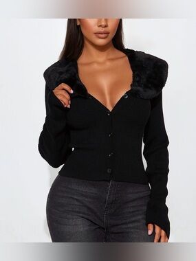 FN Black Ribbed Button-Up Cardigan with Faux Removable Fur Collar
